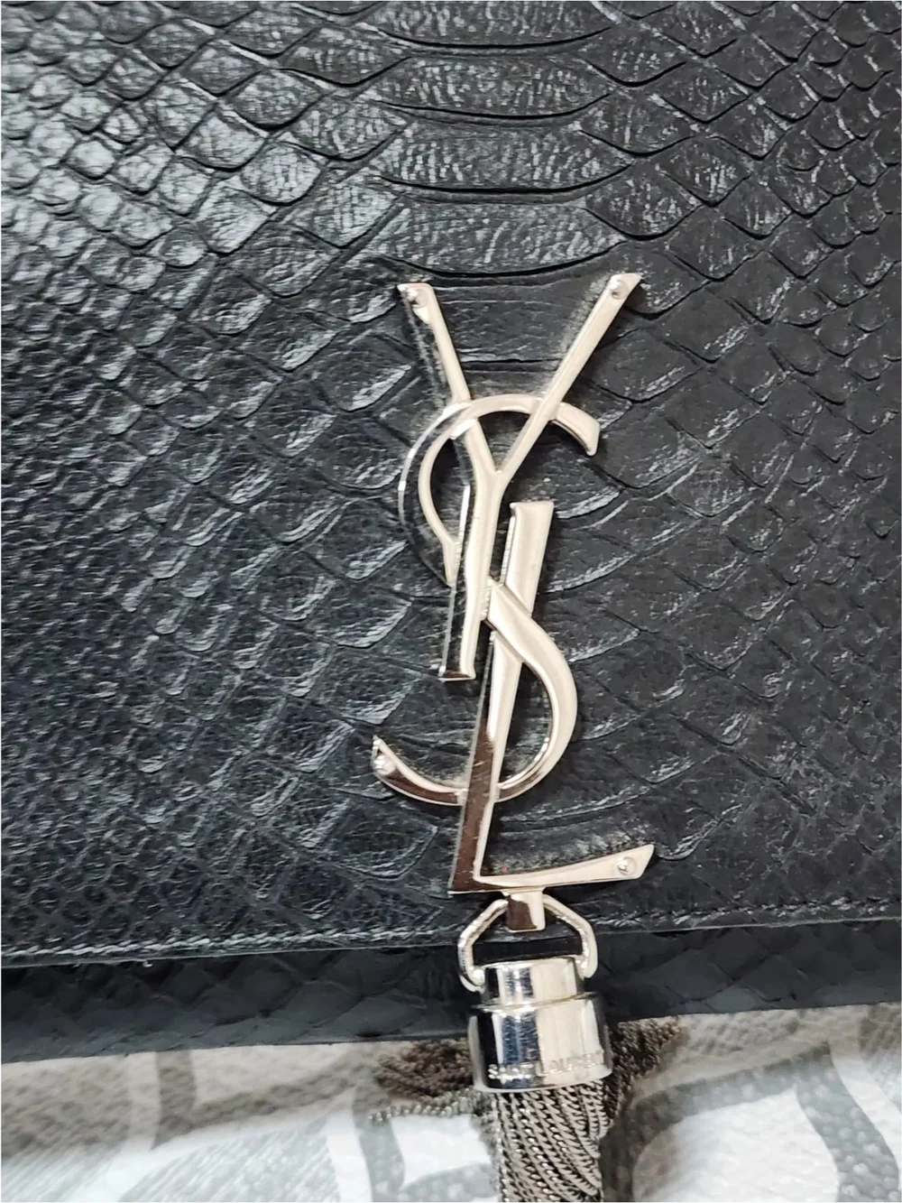 YVES SAINT LAURENT Croc Embossed Leather Tassel Kate Clutch Bag Black - Picture 8 of 11